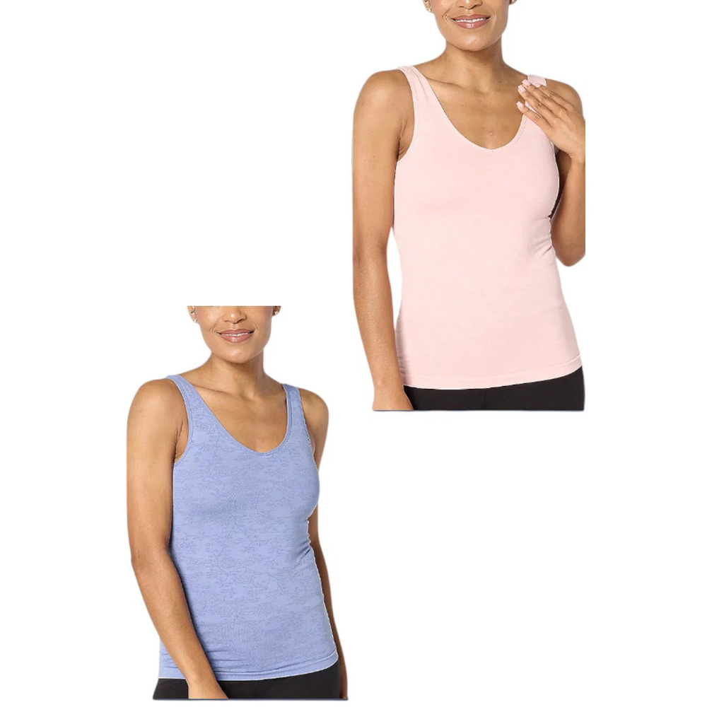 Breezies Women's 2pk Seamless Flrl Reversible Neckline Tank Blue/Pink - Regular